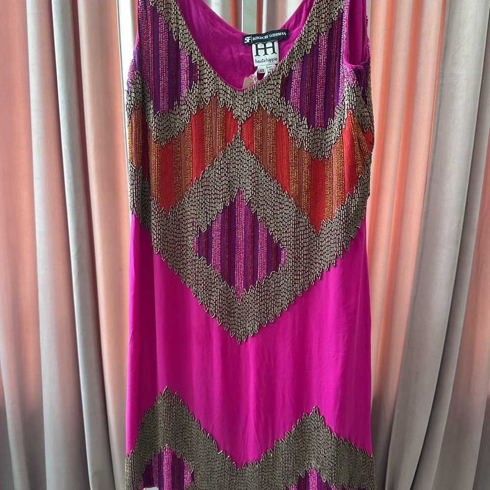 Haute Hippie Fuchsia and Gold Beaded Dress silk Flapper style NWT